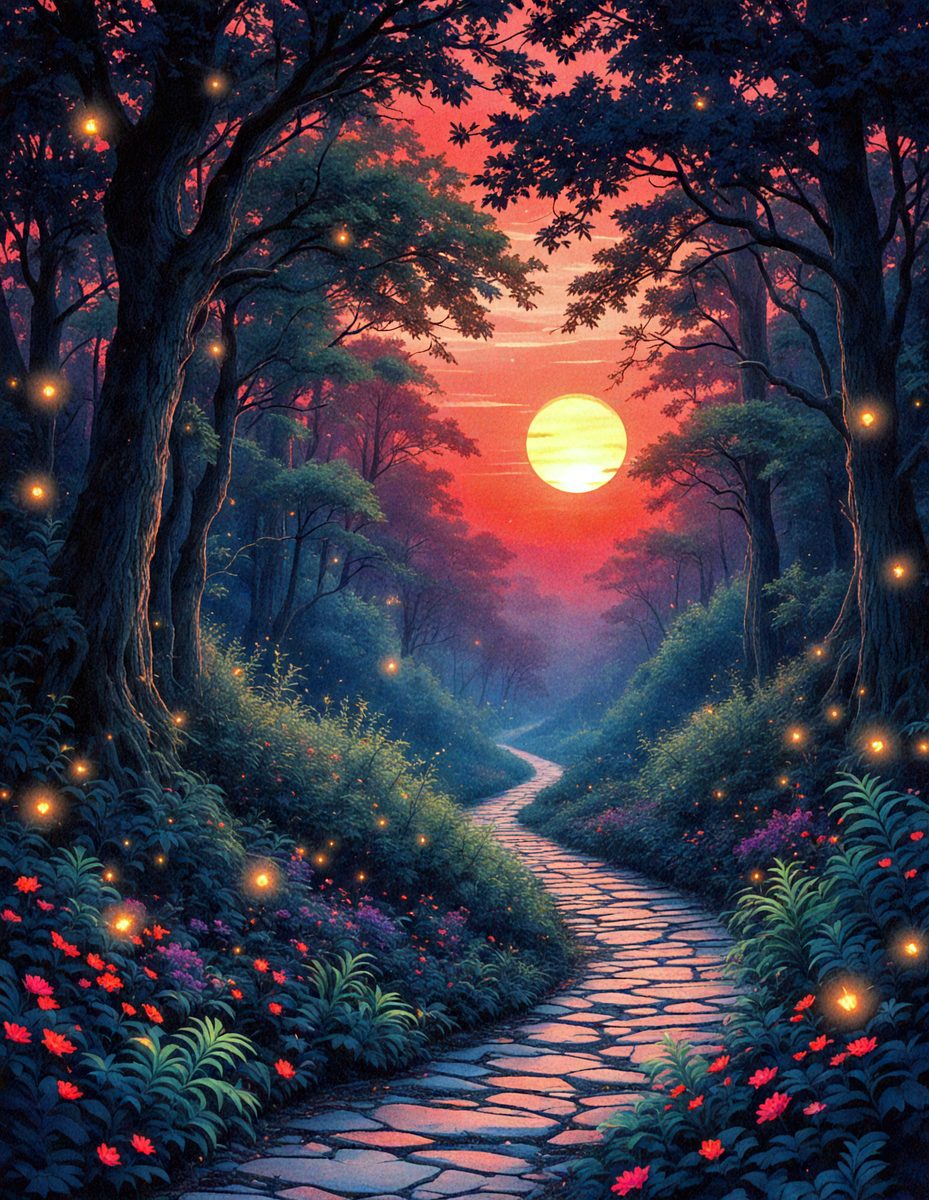 The primary subject of the image is a pathway surrounded by trees and flowers. The pathway is made of stone, and it leads through a forest filled with trees and flowers. The setting is a serene and natural environment, with the sun rising in the background, creating a warm and inviting atmosphere. The visual style of the image is a digital art or illustration, with a focus on the intricate details of the flowers and the pathway. The colors and mood of the image are predominantly warm and vibrant, with the sunlight illuminating the scene and creating a sense of tranquility and beauty.